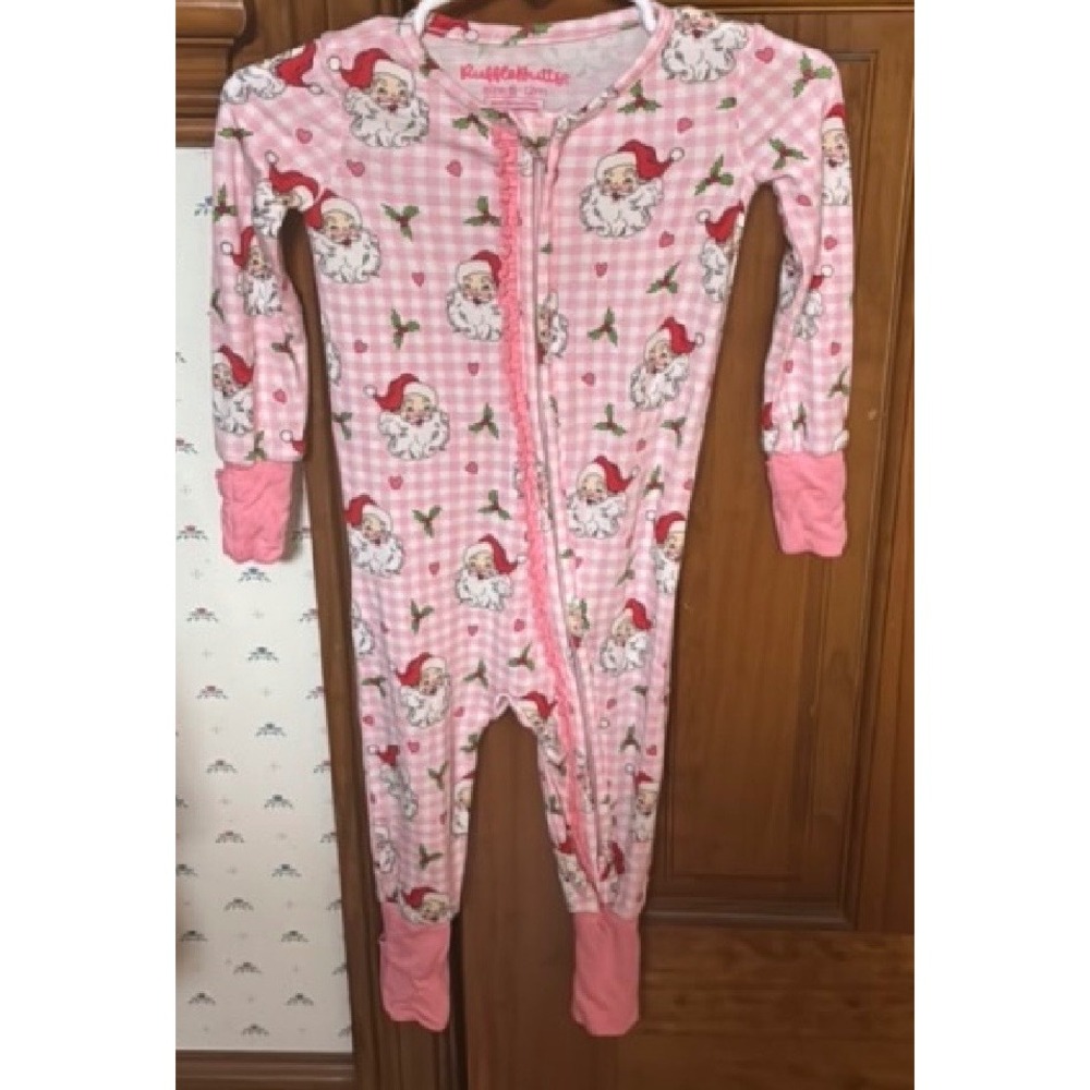 RuffleButts Pink Gingham Vintage Santa Christmas Ruffle Sleeper Pajamas 6-12M
